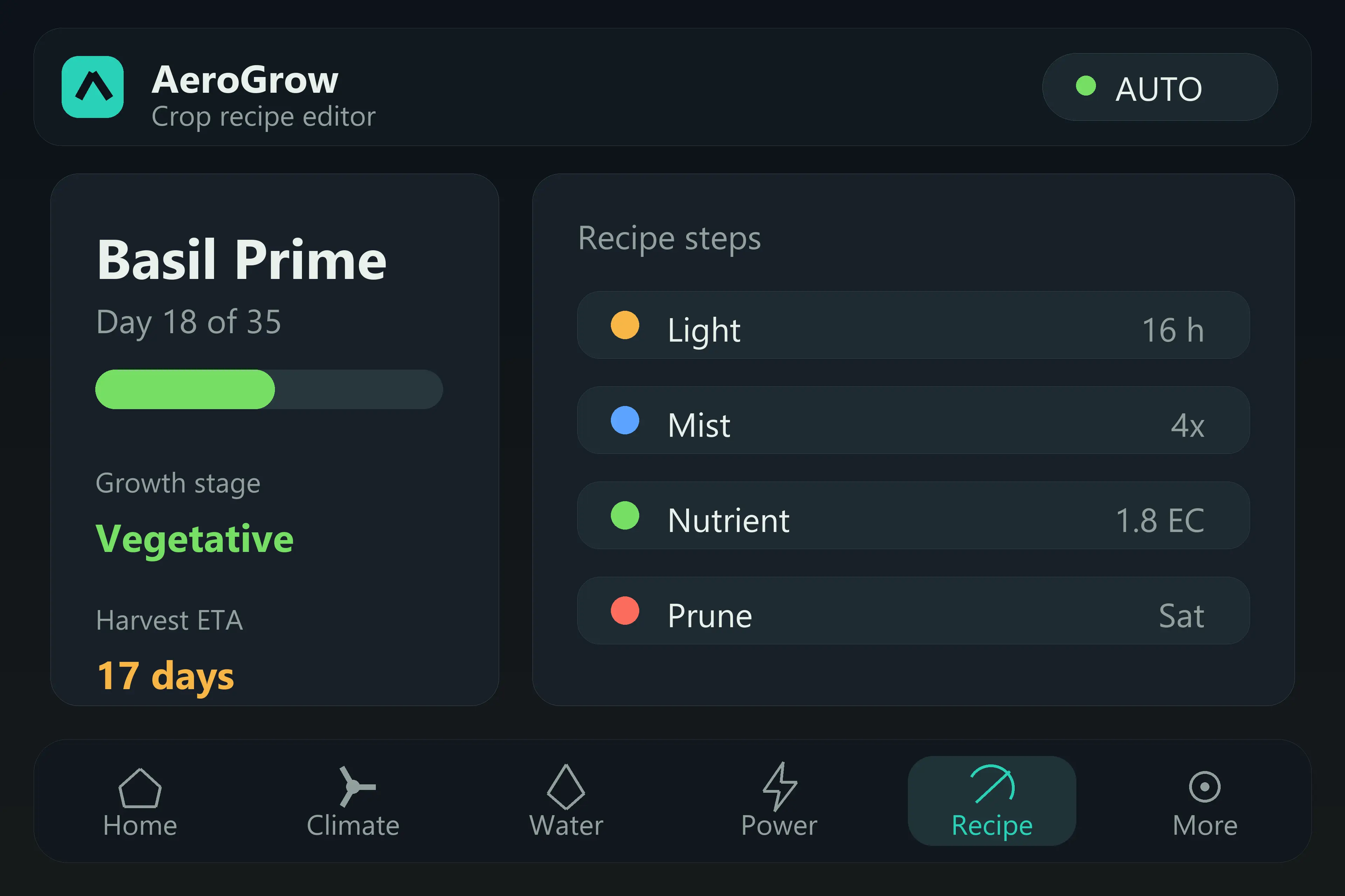 AeroGrow recipe screen