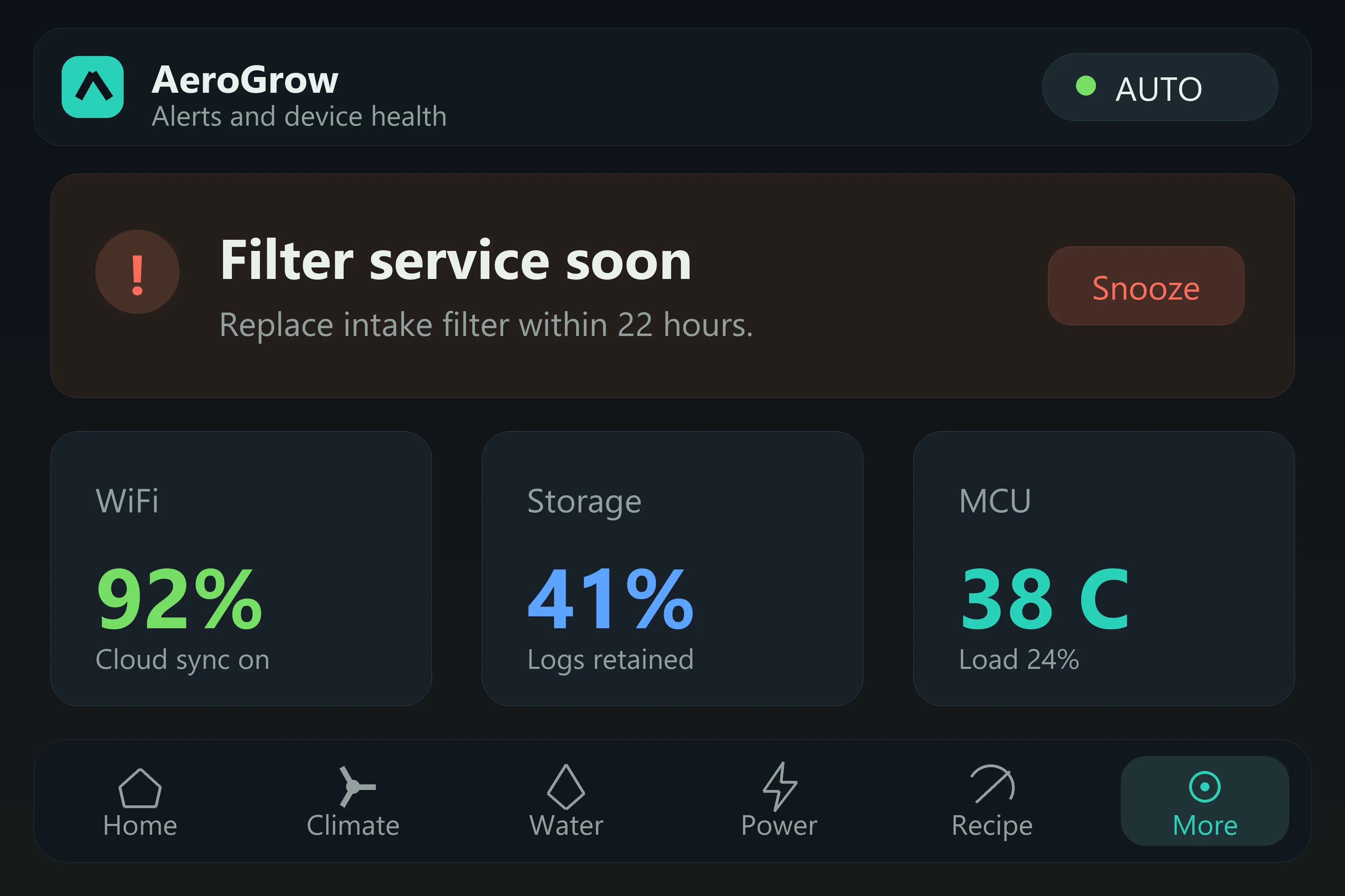 AeroGrow alerts and settings screen