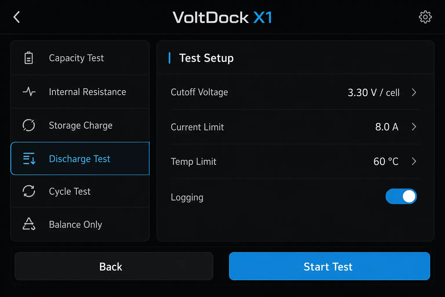 VoltDock X1 Battery Analyzer UI
